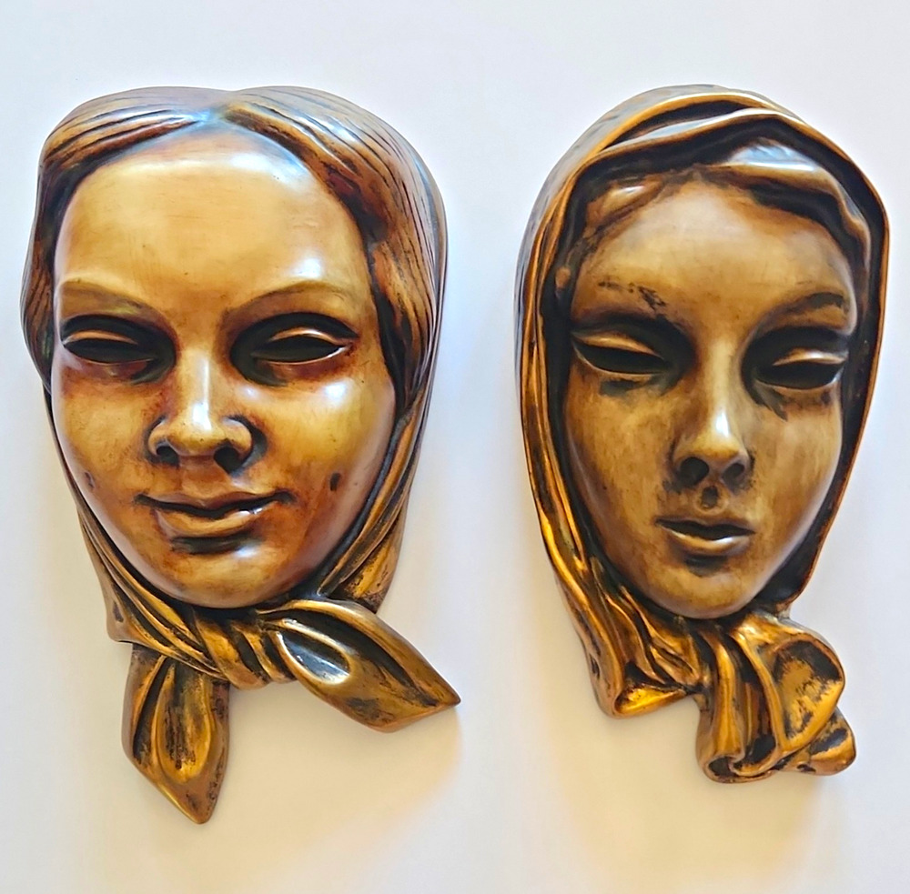 Pair Vintage Achatit Wall Masks W/ Original Foil Labels MCM German Art Madonna